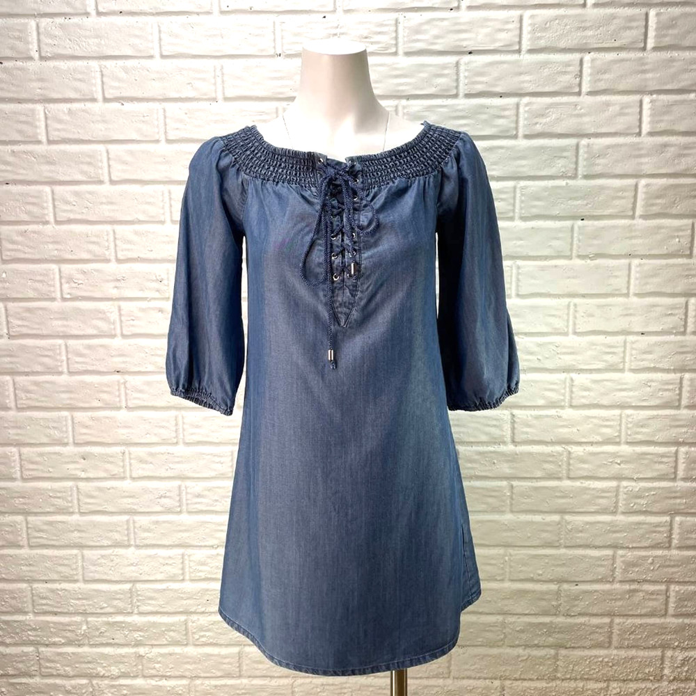 Bebe On Off Shoulder Dress Womens Small Blue Chambray ¾ Sleeve